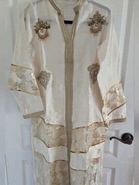 Elegant Women's Cream and Gold Embellished Long Coat